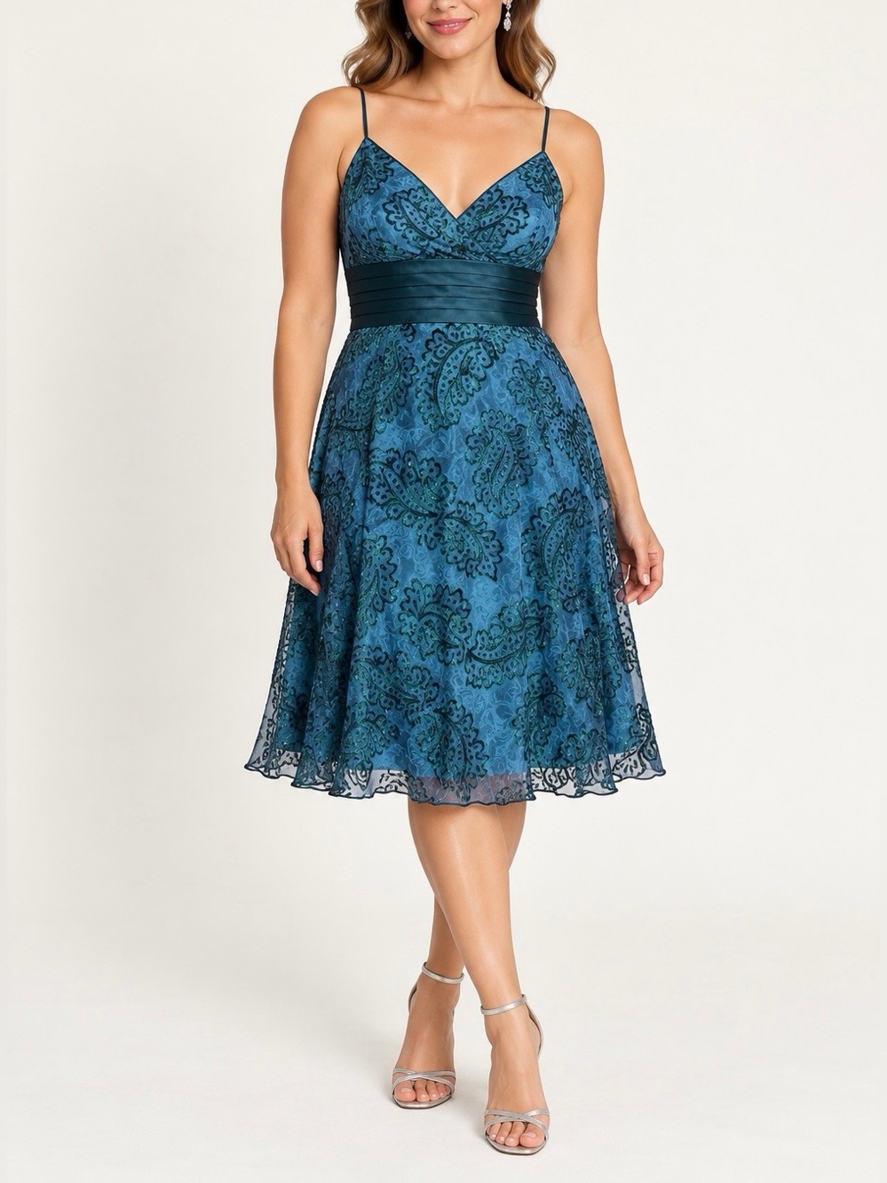 Laundry by Shelli Segal Teal Paisley Silk Blend Bow Back Cocktail Dress 12 NWT